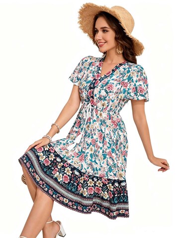 KoJooin Sukienka 'Damen Sommerkleid mit Kurzarm, platziertem Blumenprint und lässigem Boho-Look' w kolorze biały