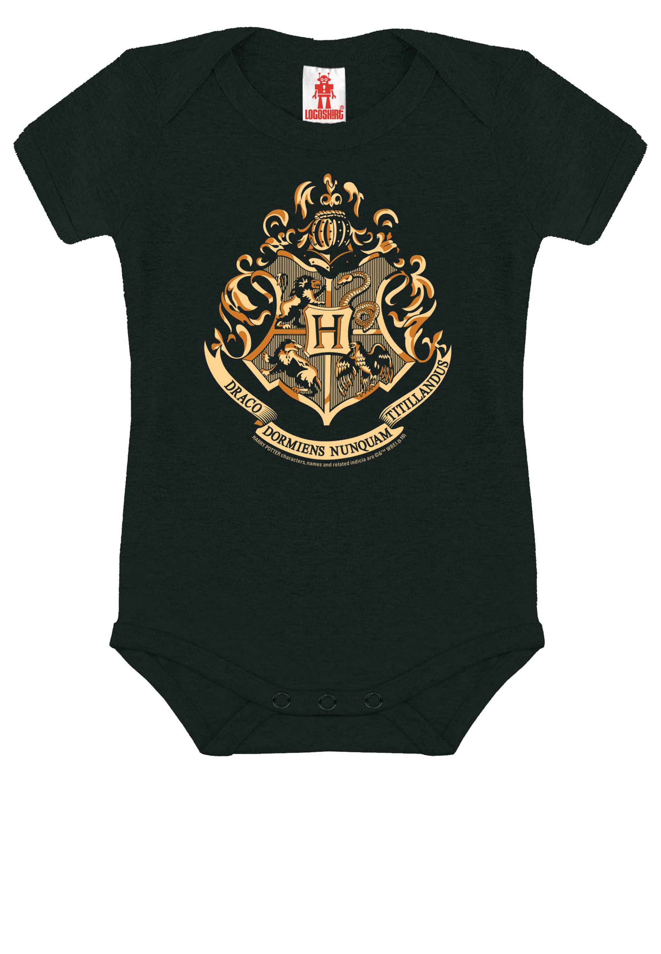 LOGOSHIRT Rompertje/body 'Harry Potter - Hogwarts-Print' in Zwart: voorkant