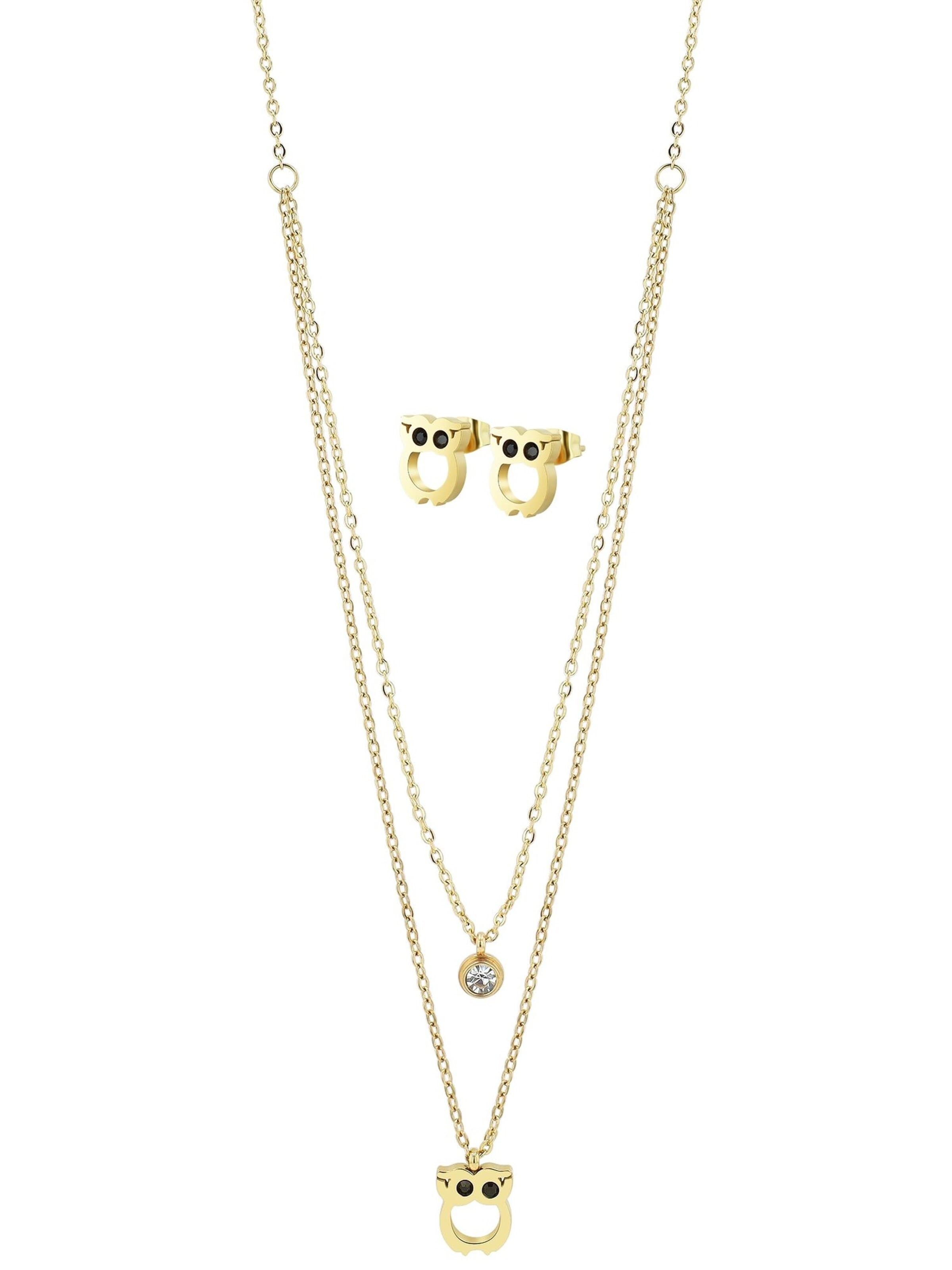 Akzent Jewelry Set 'aus Edelstahl mit Layering-Kette und Eulenmotiv' in Gold