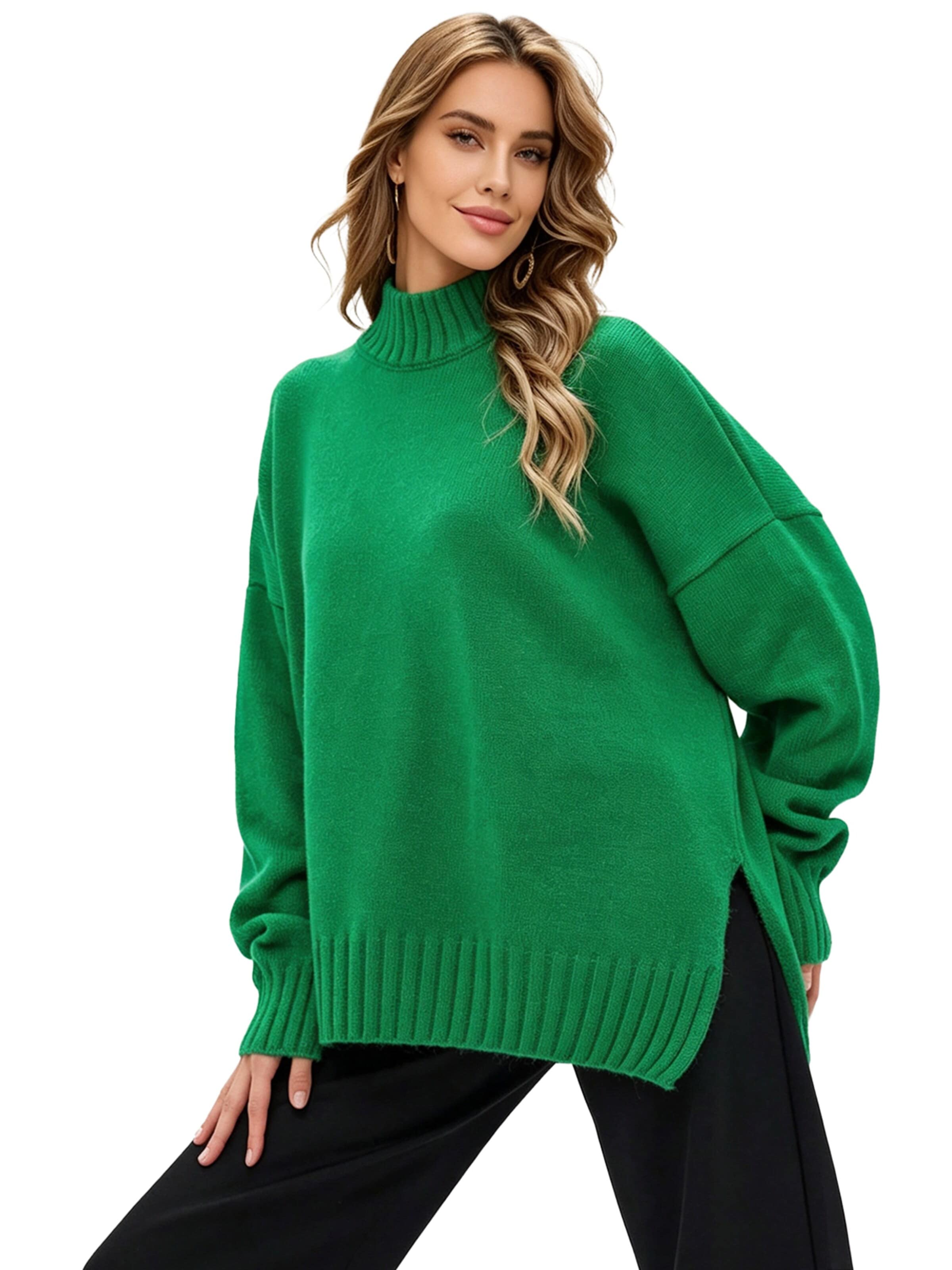 KoJooin Sweter 'Damen Halbhoher Rollkragenpullover – Lockerer, Gestrickter Pullover mit Rippstruktur für Freizeit' w kolorze zielony