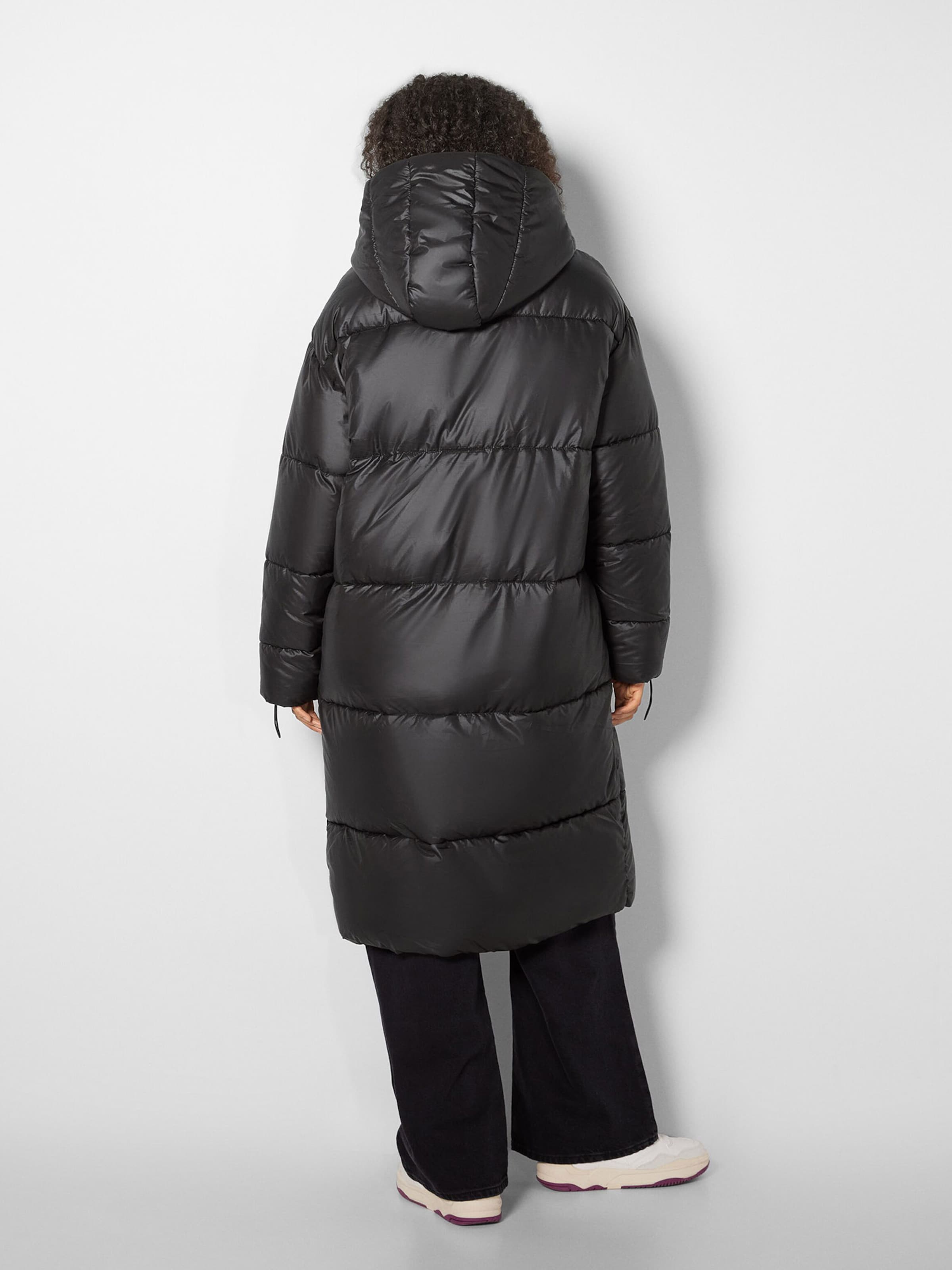 Bershka longline puffer coat with cheap hood in black