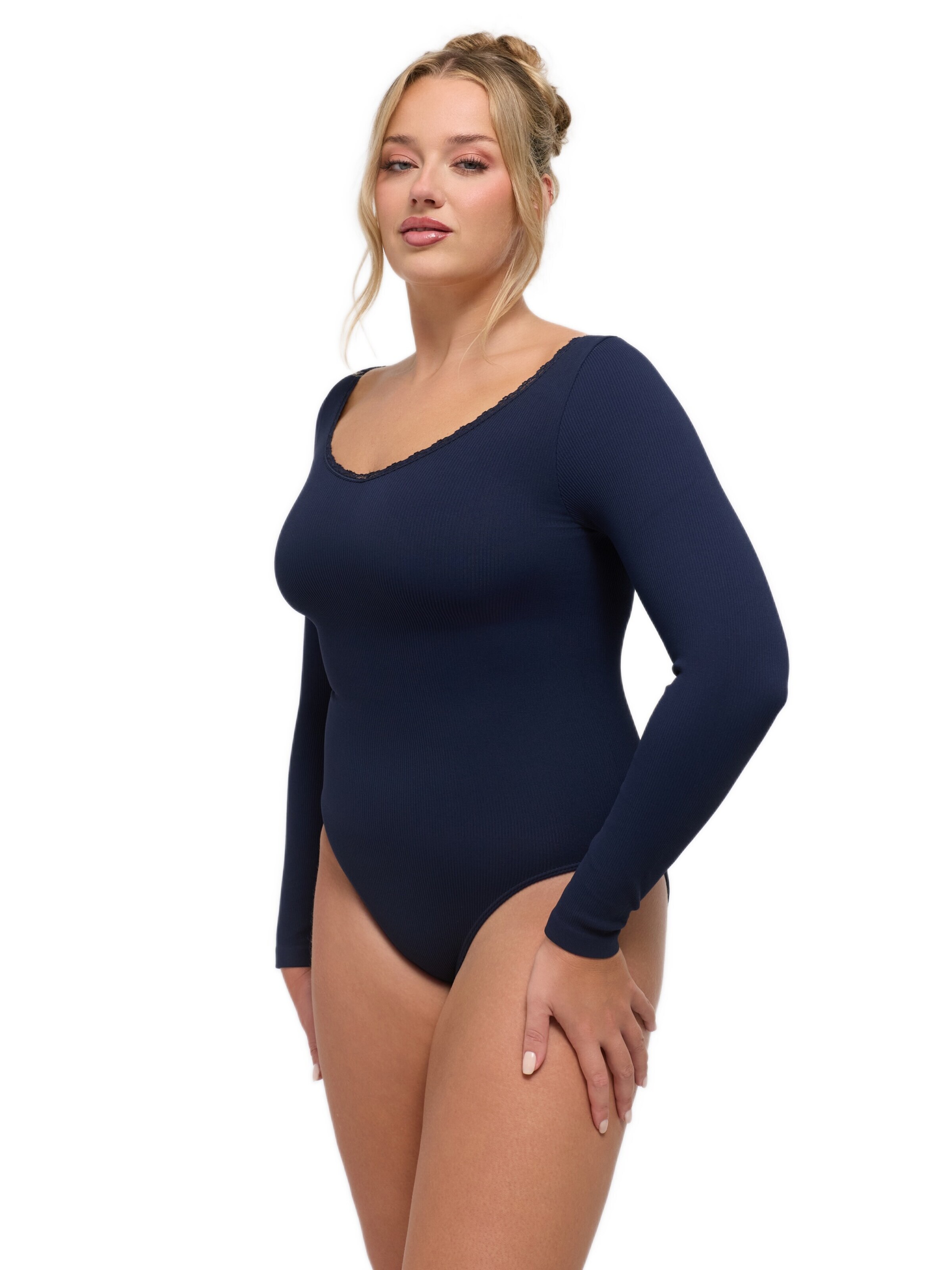 cfab Body 'Ribbed Longsleeve V-Neck Sculpting Lace Bodysuit with Slip' värissä sininen