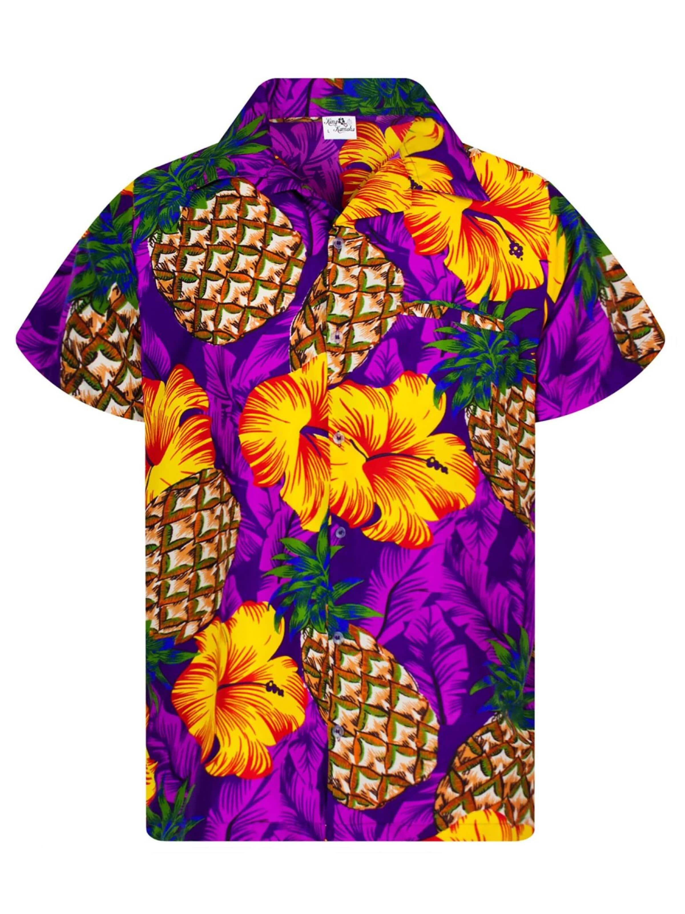 King Kameha Shirt 'Pineapple Hibiscus' in Purple: front