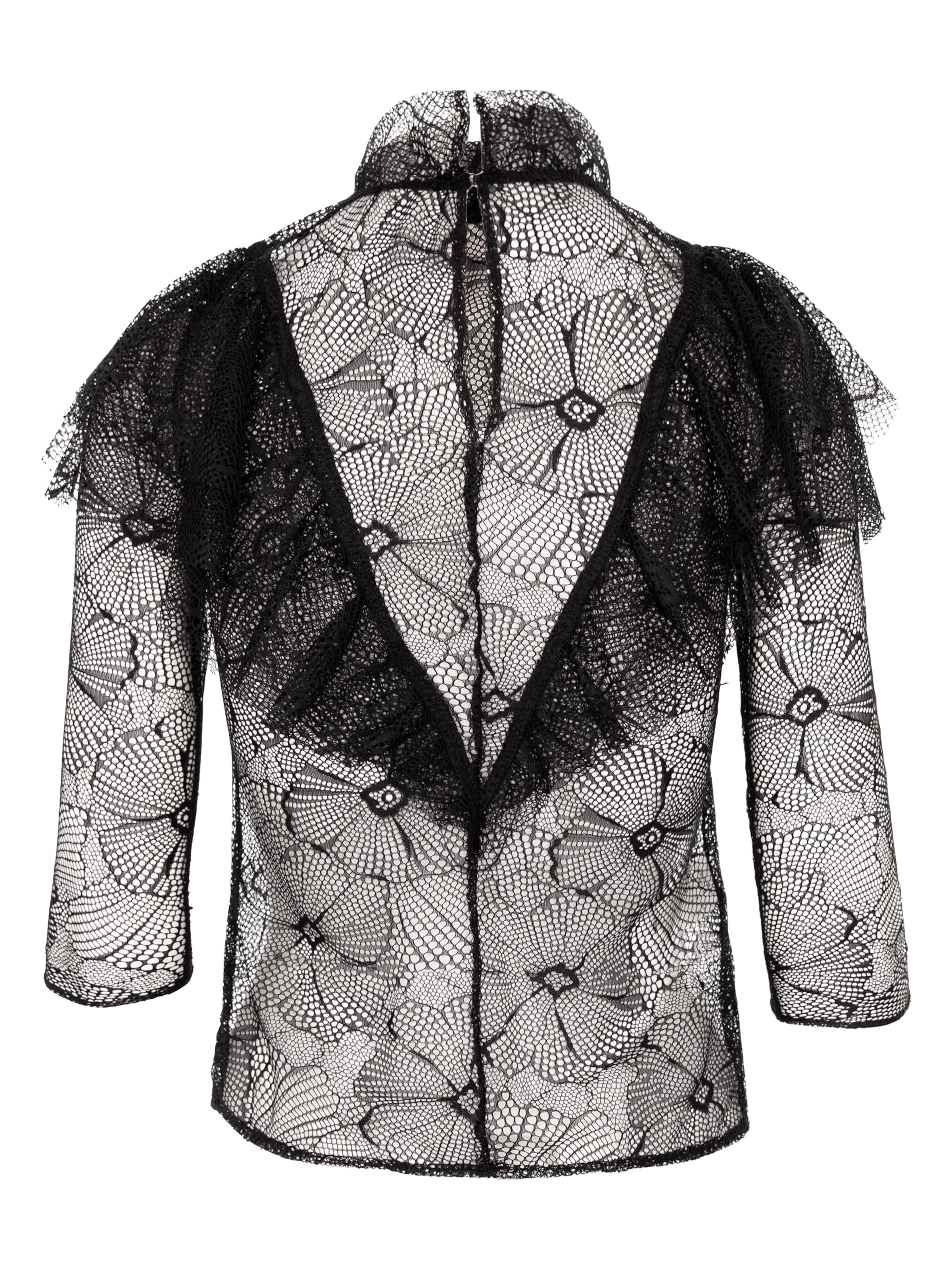 AVENUE N°29 Bluse 'Sheer Floral Lace Ruffle Blouse' i sort