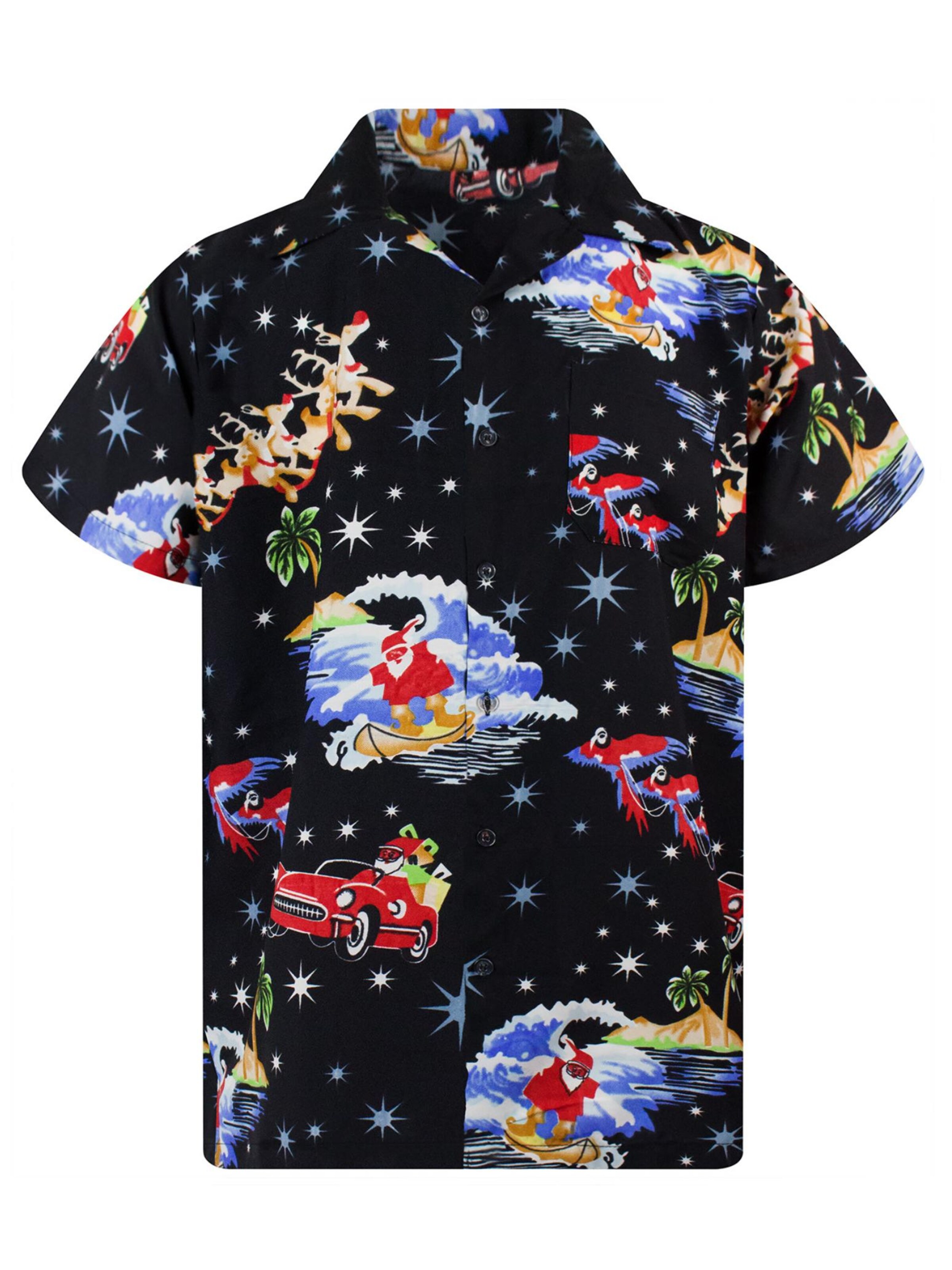 King Kameha Regular Fit Hemd 'Christmas Surf Santa'‌‌‌‌‌‌‌ in Schwarz: Vorderseite