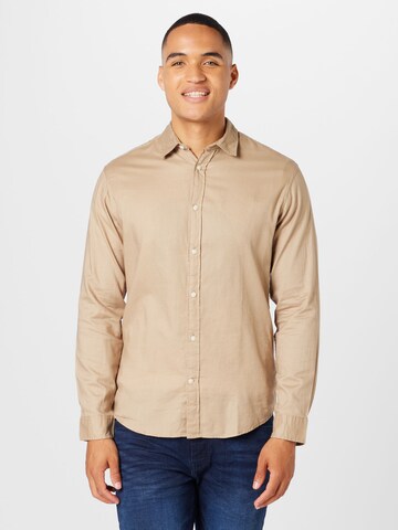 JACK & JONES Slim fit Overhemd 'GINGHAM' in Beige: voorkant