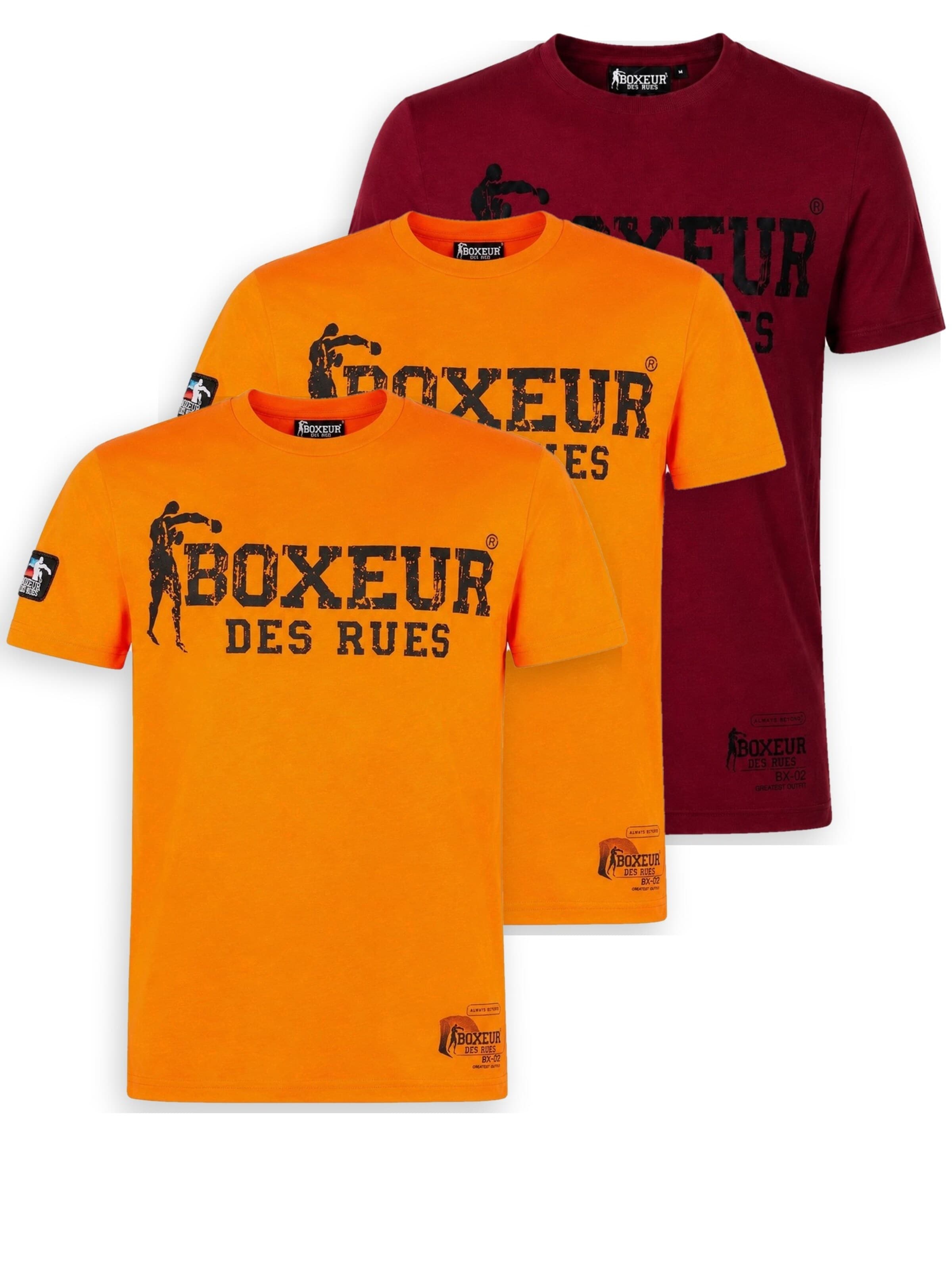 Boxeur des Rues Shirt 'Herren T-Shirt 3er-Pack Boxeur des Rues Slim Fit: Bordeaux, Schwarzes Logo + 2 x Orange, Schwarzes Logo'‌‌‌‌ in XS/Regular in mischfarben, Produktansicht