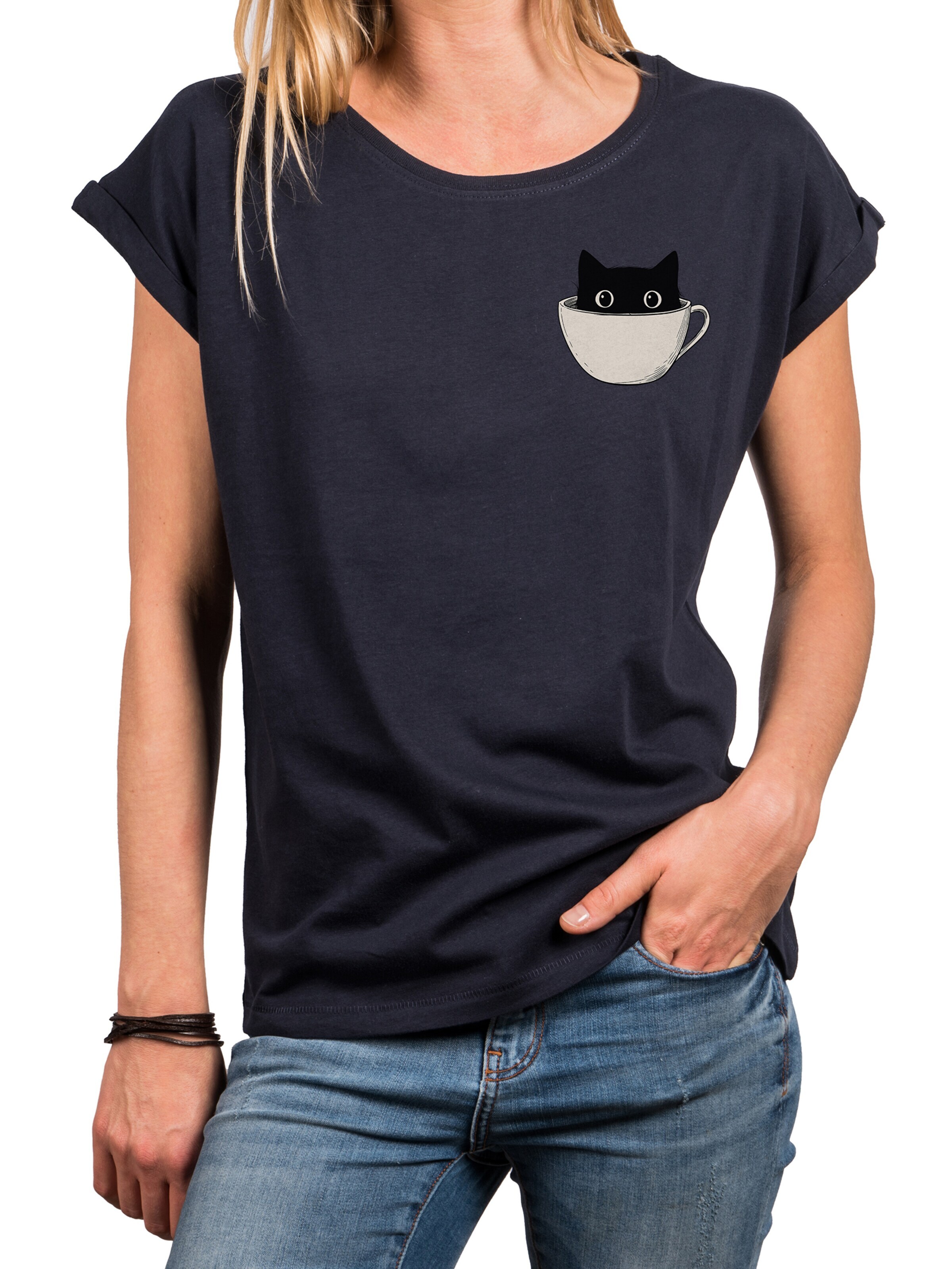 MAKAYA Shirt 'Cup Cat' in Blue