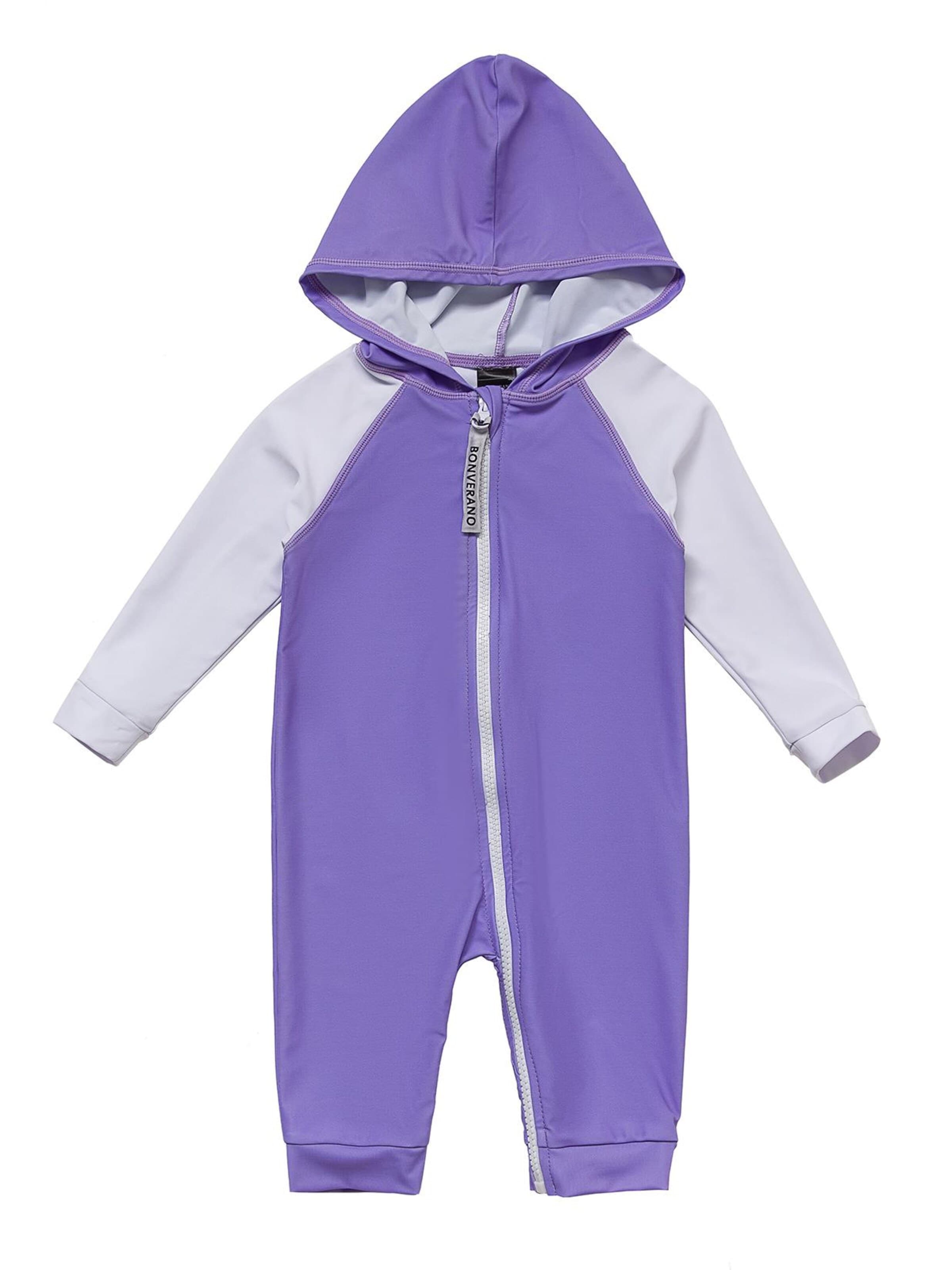 BONVERANO Athletic Swimwear 'Baby Jungen UV Badeanzug 50+ 3/4-Ärmel Kapuze Full-Zip Schwimmanzug' in Purple: front