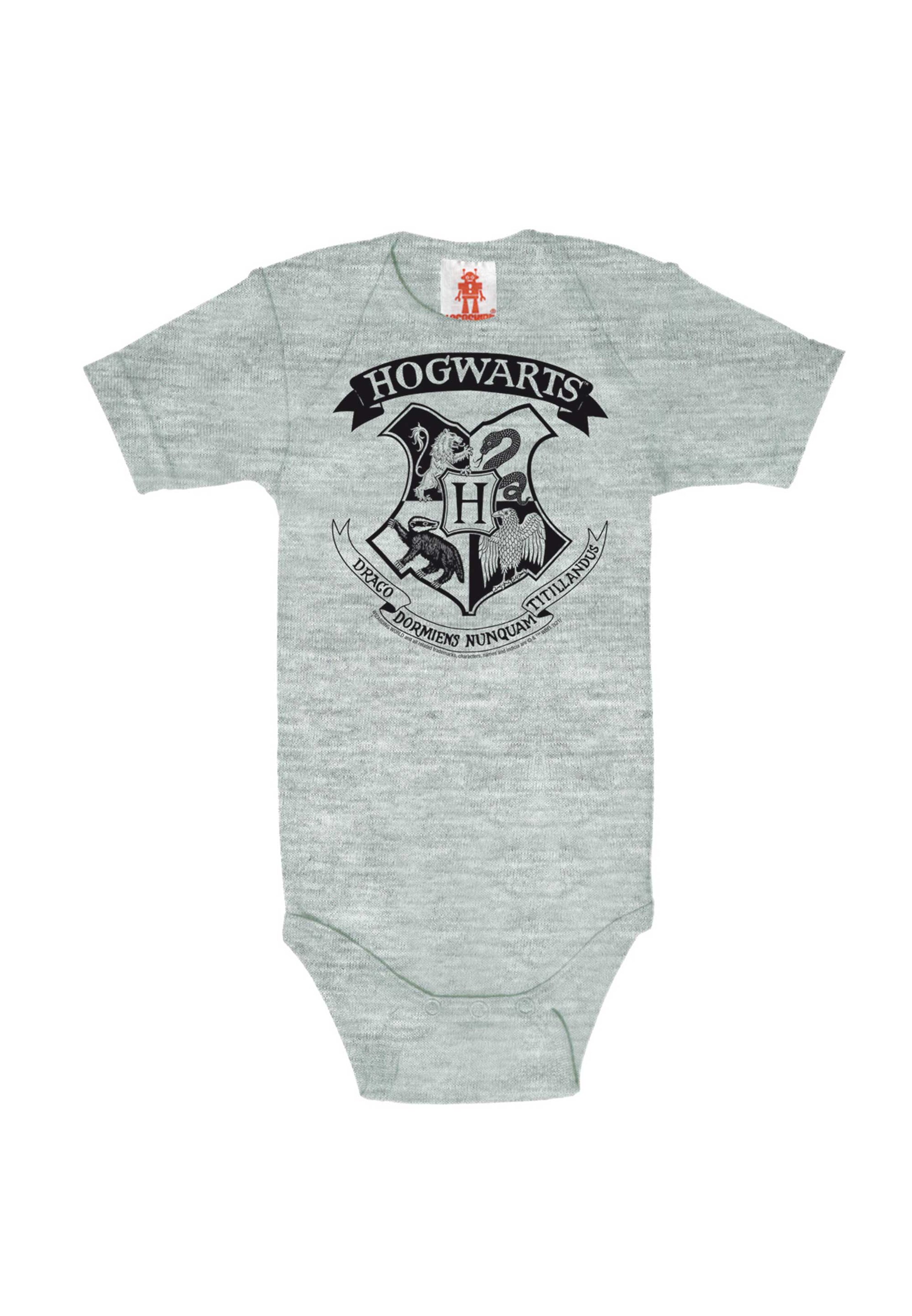 LOGOSHIRT Rompertje/body 'Harry Potter - Hogwarts Logo Black' in Grijs: voorkant