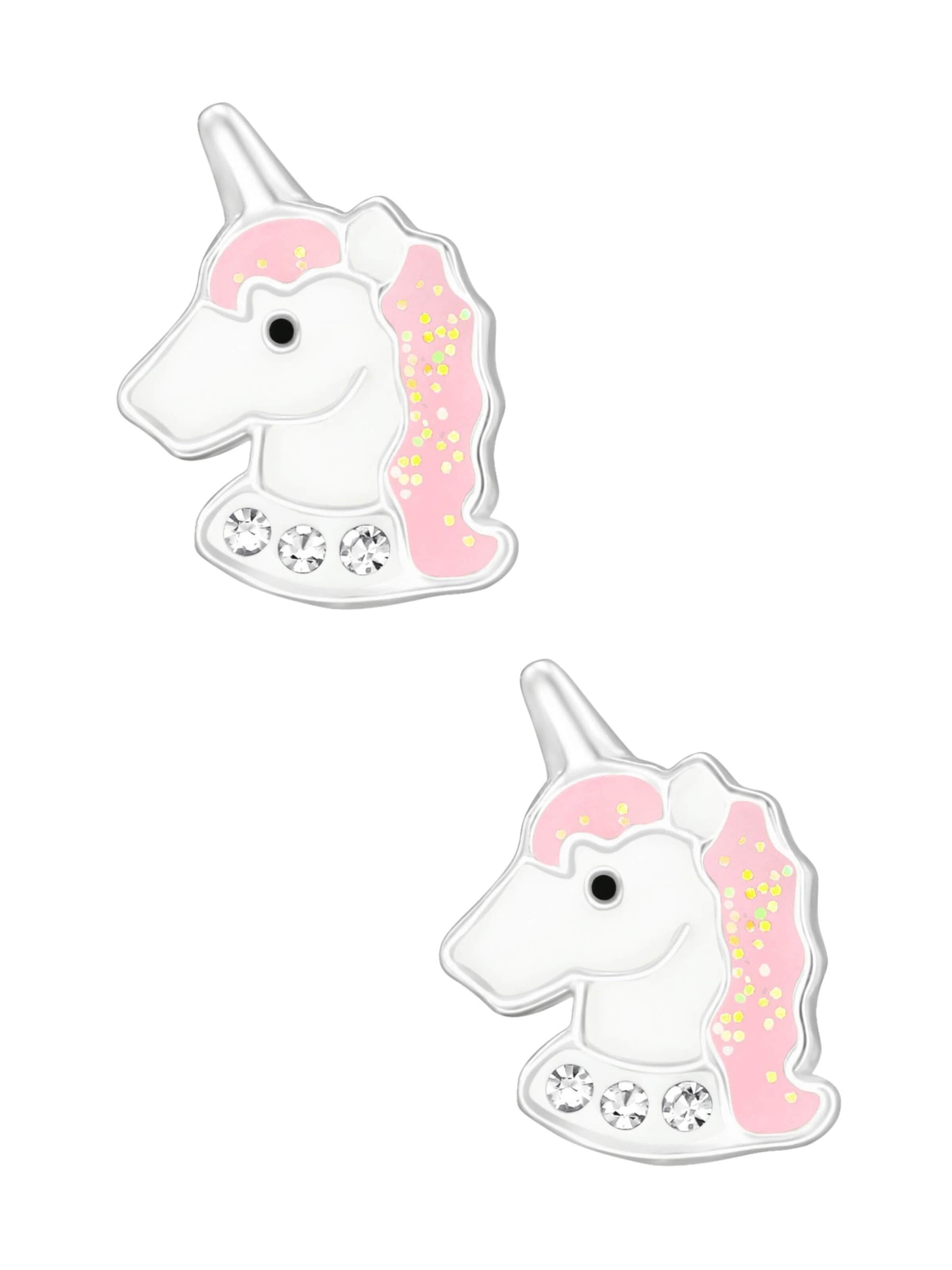 Boucles d'oreilles 'Premium Kinder-Ohrstecker Einhorn aus Sterling Silber mit Kristall und Epoxidharz' Maxte en rose : devant