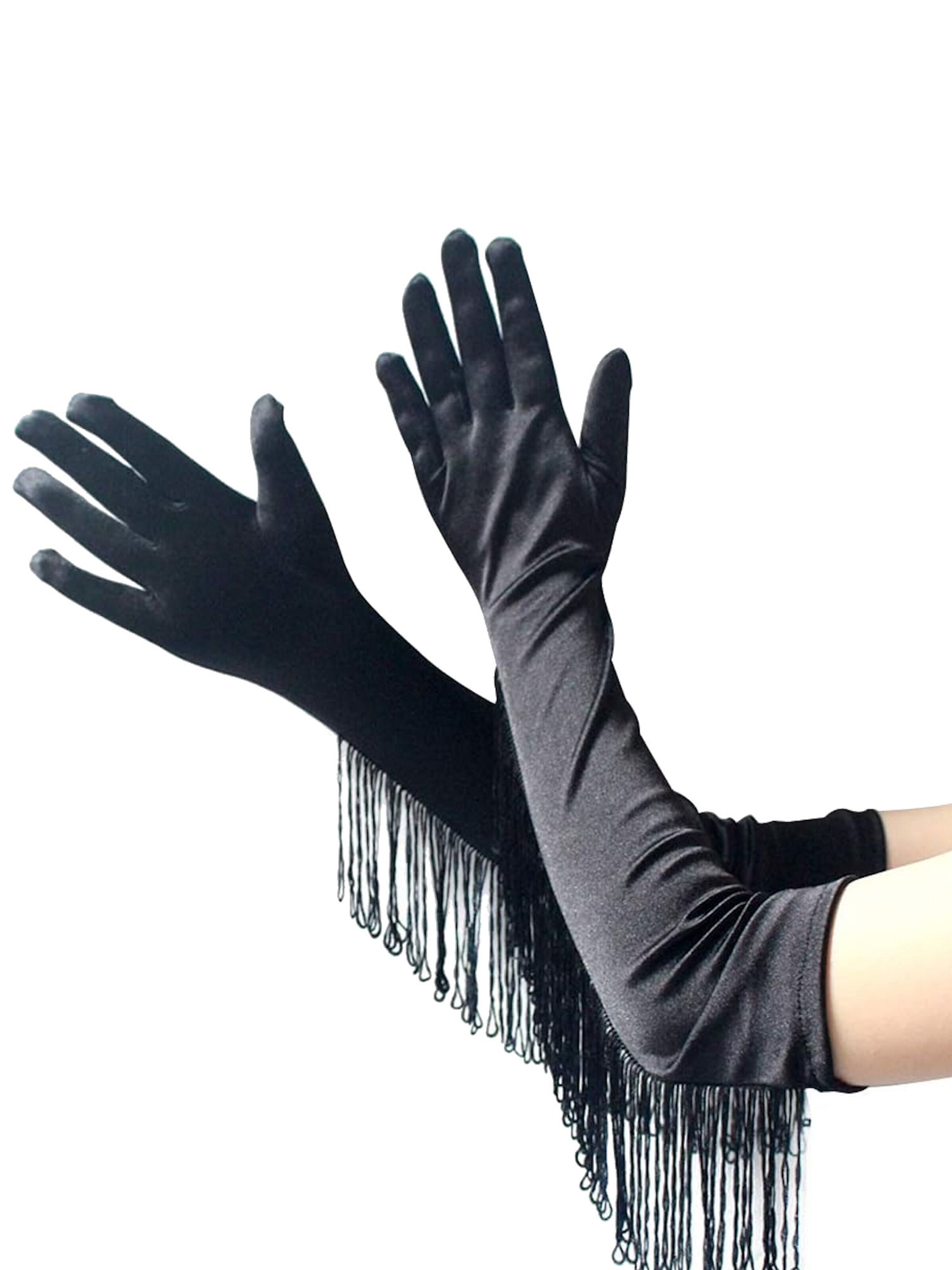 Dirndline Fingerhandschuhe 'Fransen'‌‌‌ in Schwarz: Vorderseite