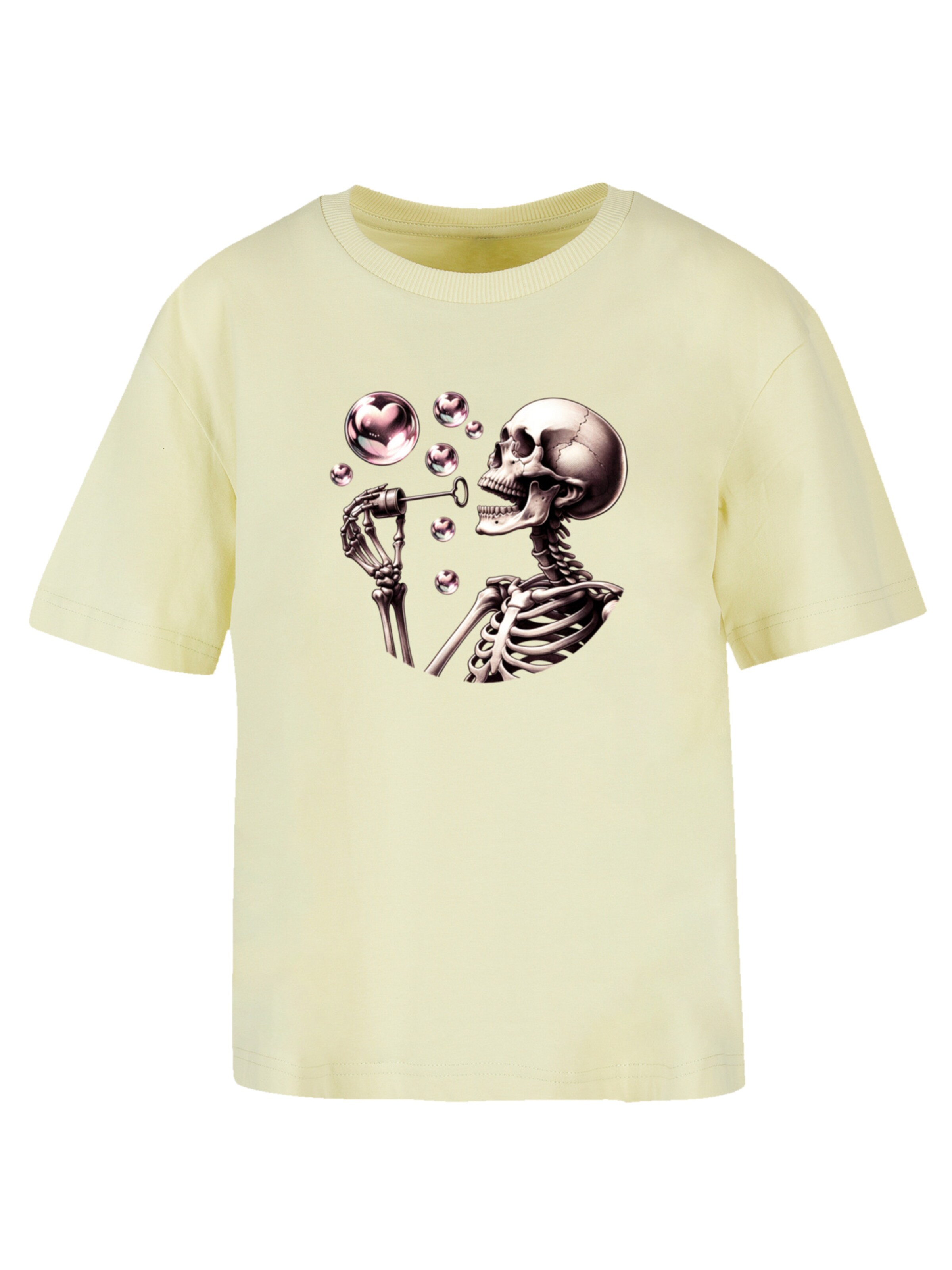 F4NT4STIC T-Shirt 'Cute Goth Skeleton Blowing Heart Shaped Bubbles' in Gelb: Vorderseite