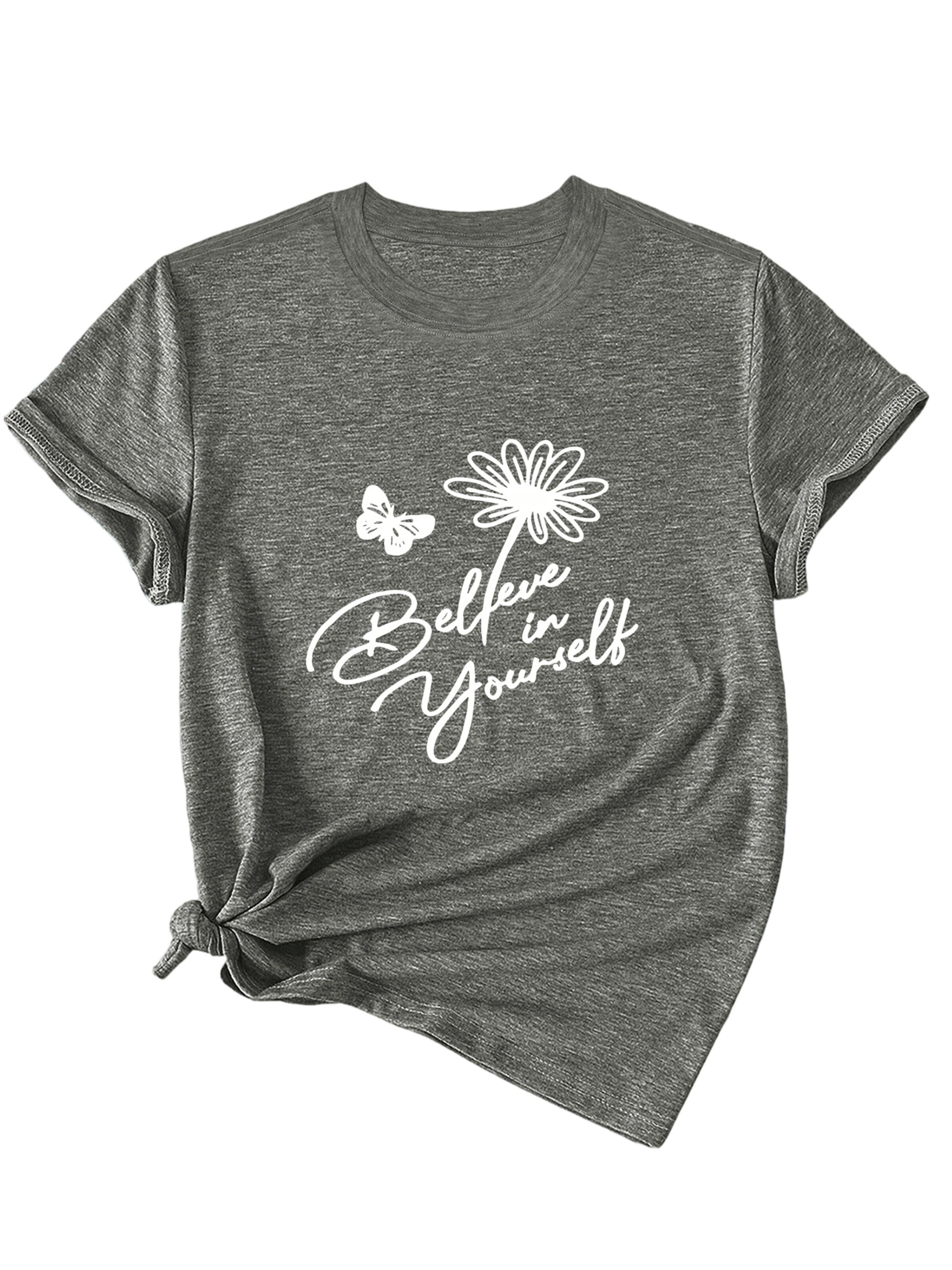 GORHEY T-shirt 'Women's Summer Short-Sleeve Shirt with Slogan Print Flowers Tees' en S/Regular en gris, Vue avec produit