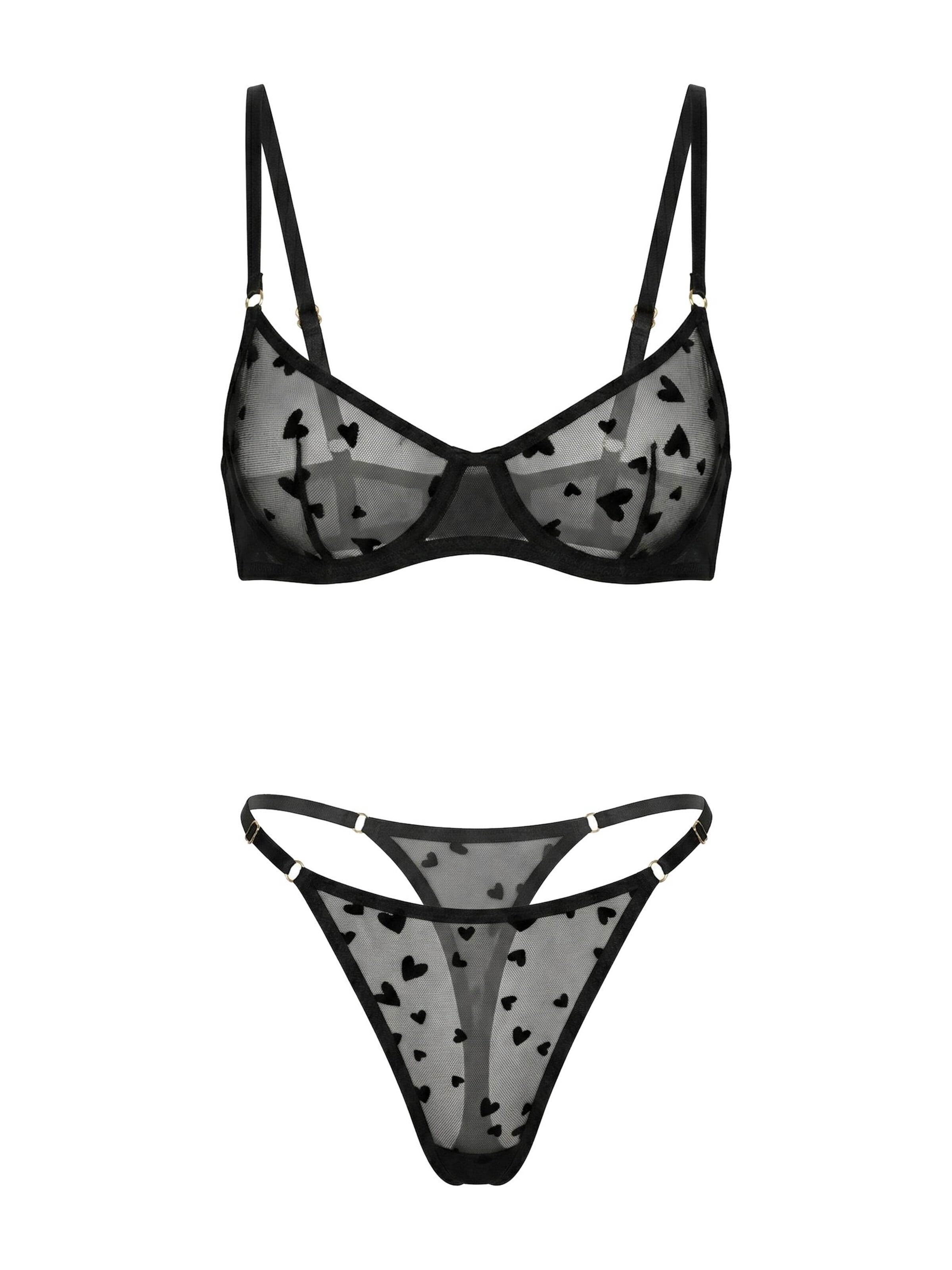 L.BEV Balconette Wäsche-Sets 'Cuoricini neri Set'‌‌ in Schwarz: Vorderseite