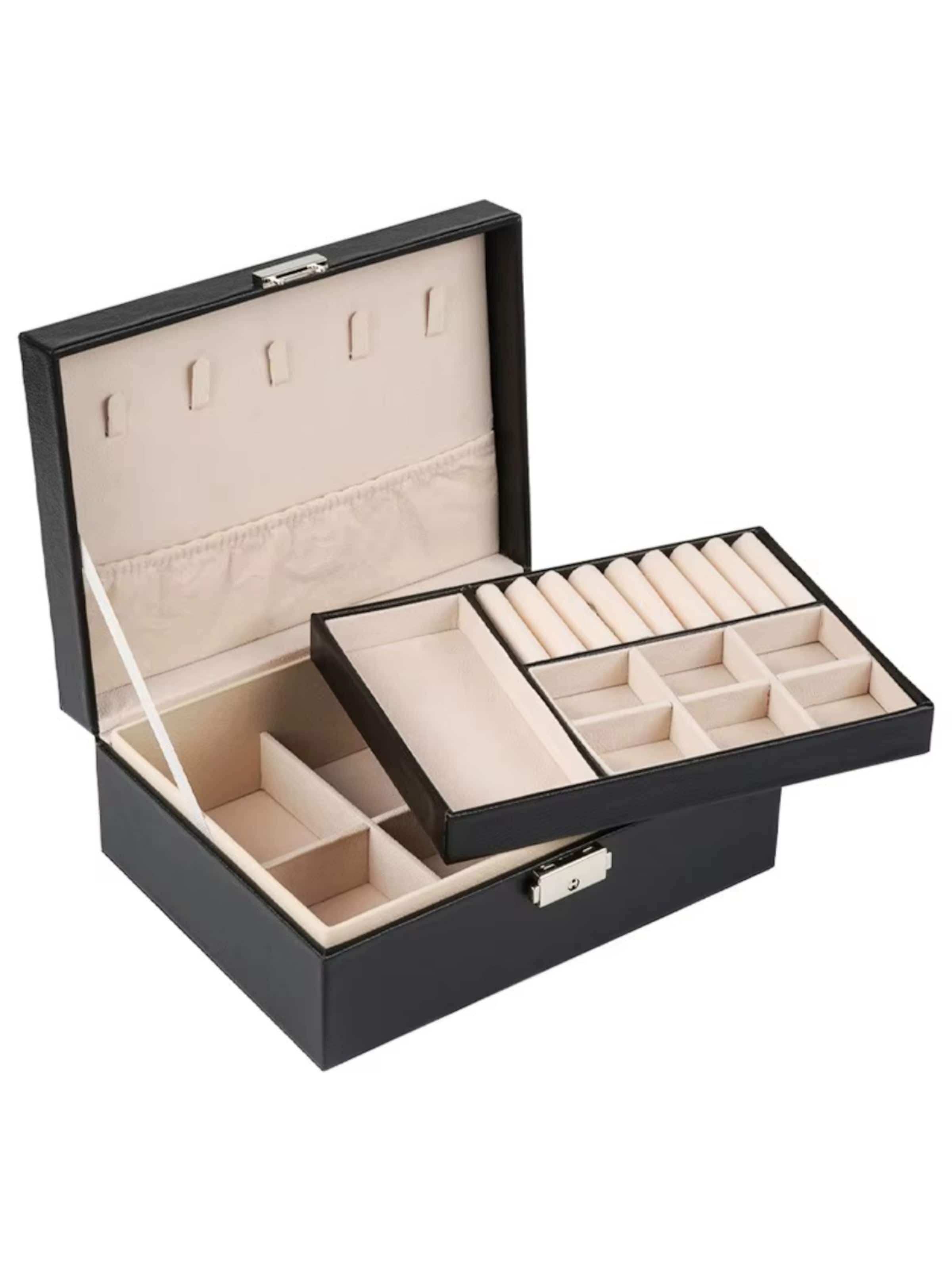 MEVYRA Jewelry Storage 'Schmuckkasten 2-Etagen mit Samtfutter - Schmuckaufbewahrung für Ringe, Ketten, Ohrringe' in Black: front