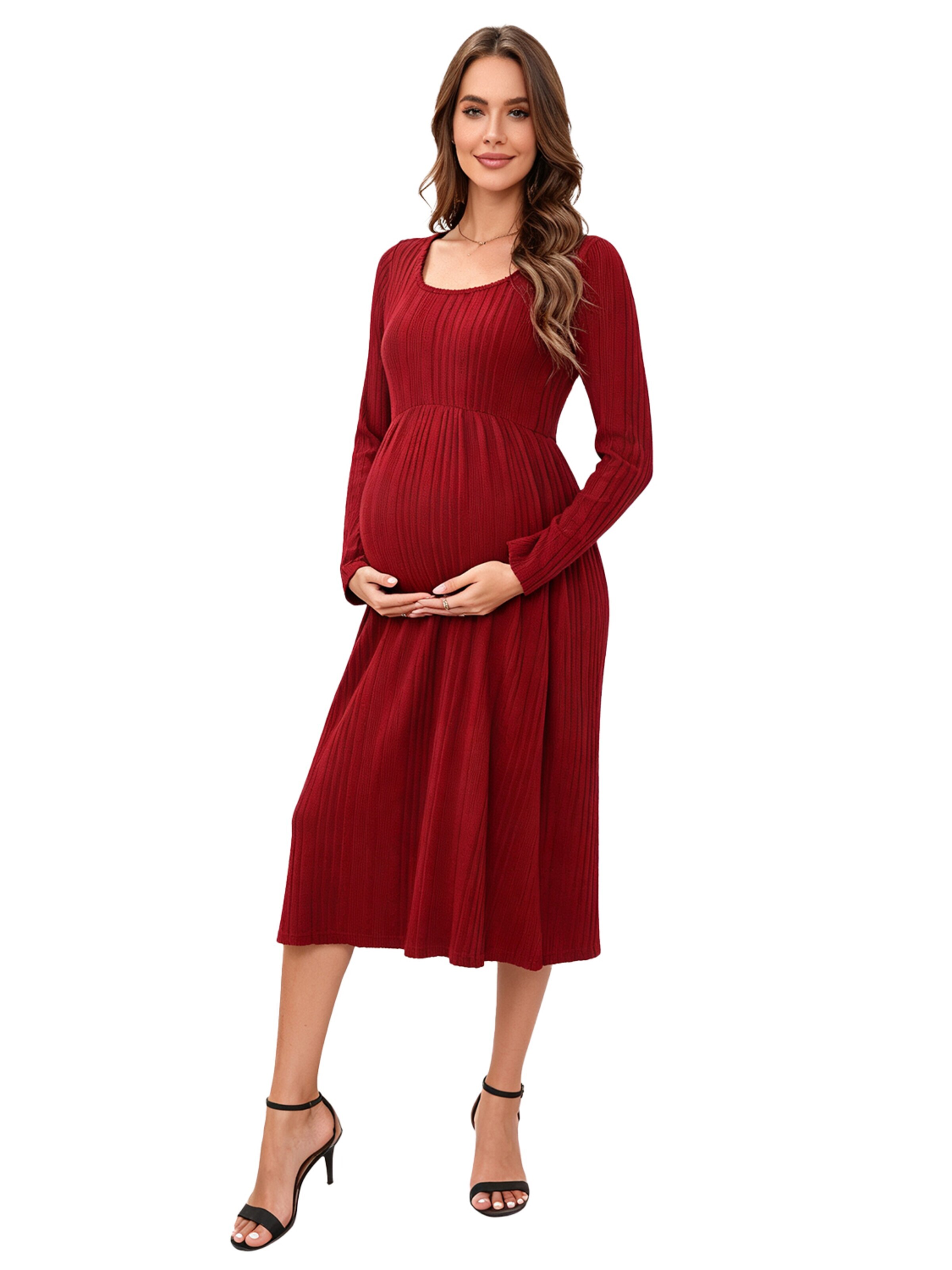 KoJooin Sukienka z dzianiny 'Damen Umstands-Strickkleid mit U-Ausschnitt,langen Ärmeln und Rüschensaum,Midi-Kleid für Babyshower' w kolorze czerwony: przód