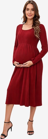 KoJooin Sukienka z dzianiny 'Damen Umstands-Strickkleid mit U-Ausschnitt,langen Ärmeln und Rüschensaum,Midi-Kleid für Babyshower' w kolorze czerwony: przód
